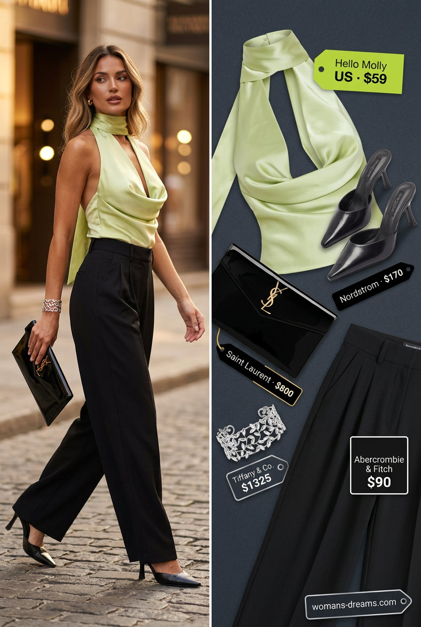Emerald green halter neck crop top with black wide-leg trousers for summer Halter Neck outfits 2026.