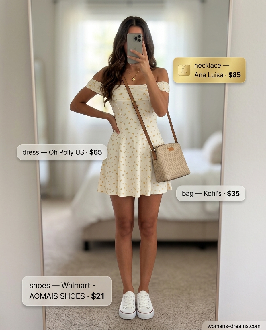 Playful Halter Mini Dress: Floral print halter dress, white sneakers, crossbody bag for 2026.