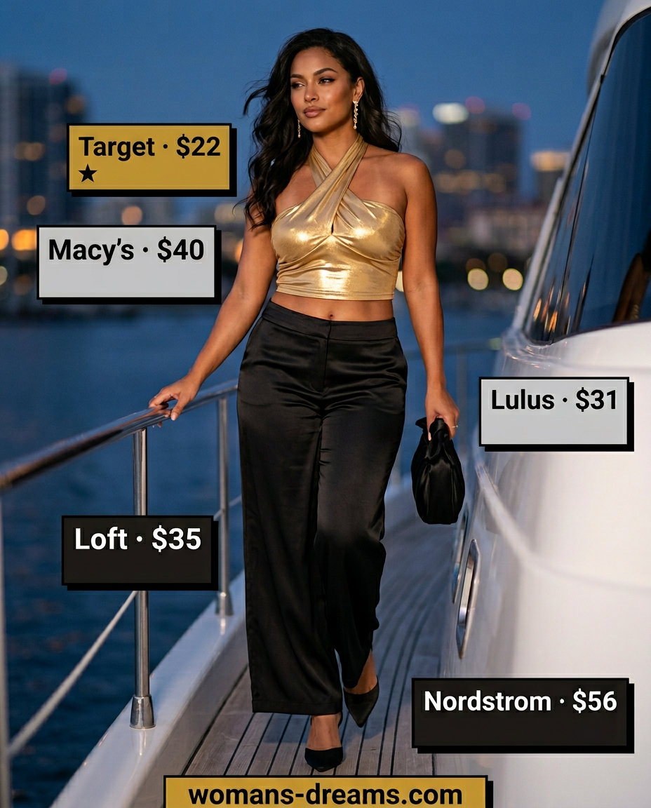 Elegant Halter Camisole & Palazzo Pants: Gold sequin halter top, black palazzo pants for 2026.