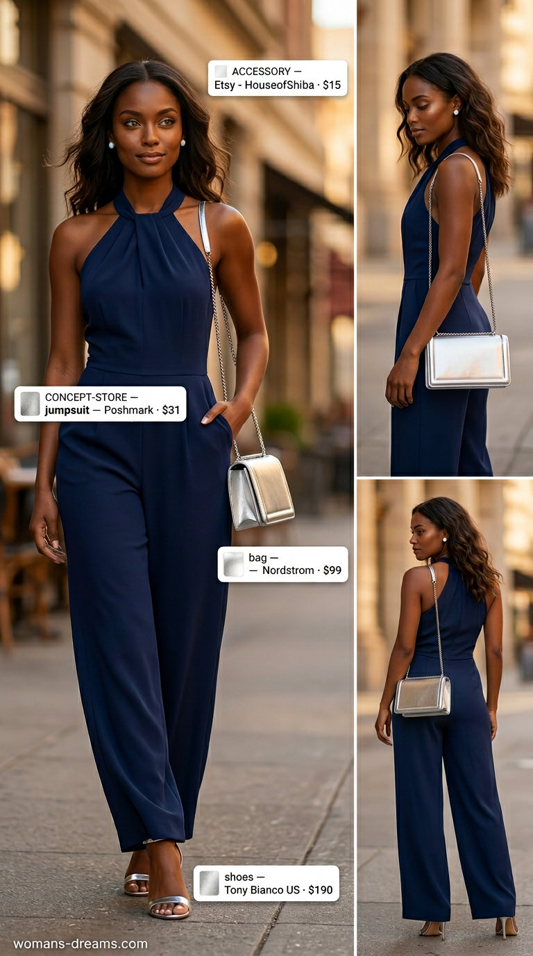 Navy blue wide-leg halter neck jumpsuit for summer Halter Neck outfits 2026 city events.