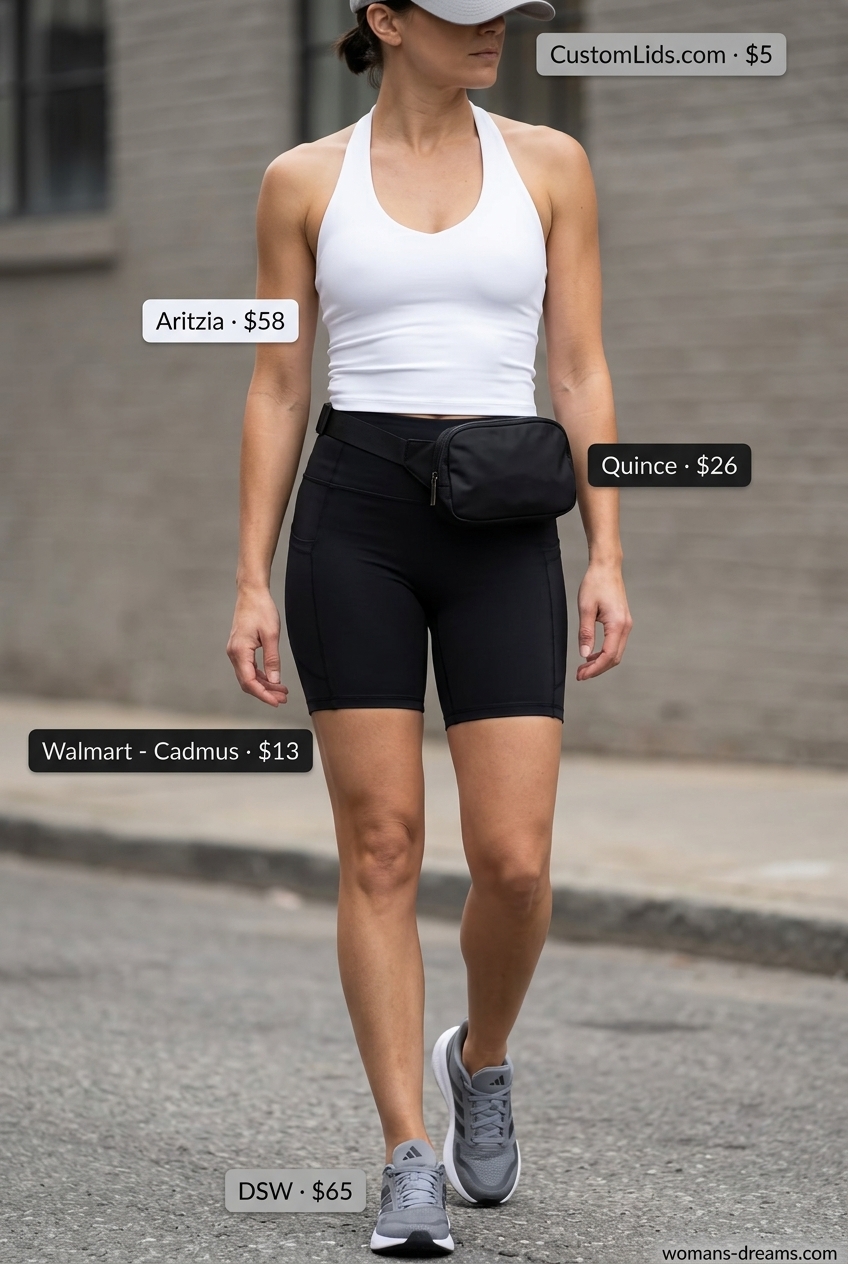 Black halter neck tank top with grey biker shorts for summer Halter Neck outfits 2026.