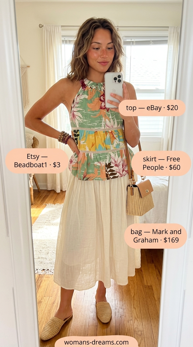 Tropical print halter crop top with cream midi skirt for summer Halter Neck outfits 2026.