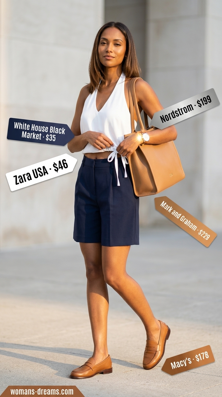 Summer Business Casual: White halter top, navy Bermuda shorts, tan loafers for women 2026.