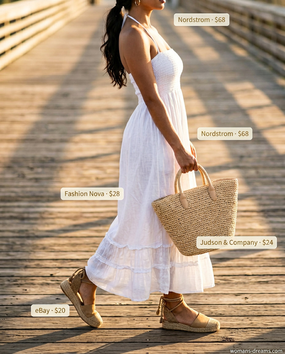 Coastal Breeze Halter Maxi Dress: White linen blend halter dress, straw tote, gold hoops for summer 2026.