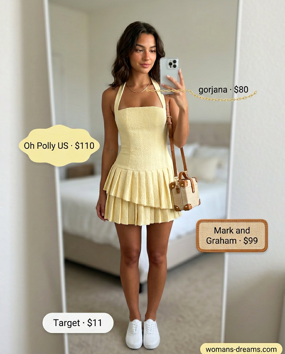 Casual Halter Sundress: Pastel yellow halter dress, canvas sneakers, straw crossbody for 2026.