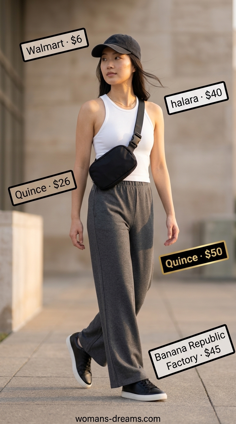 Charcoal grey jersey wide-leg pants and white sporty halter top for an athleisure outfit 2026.