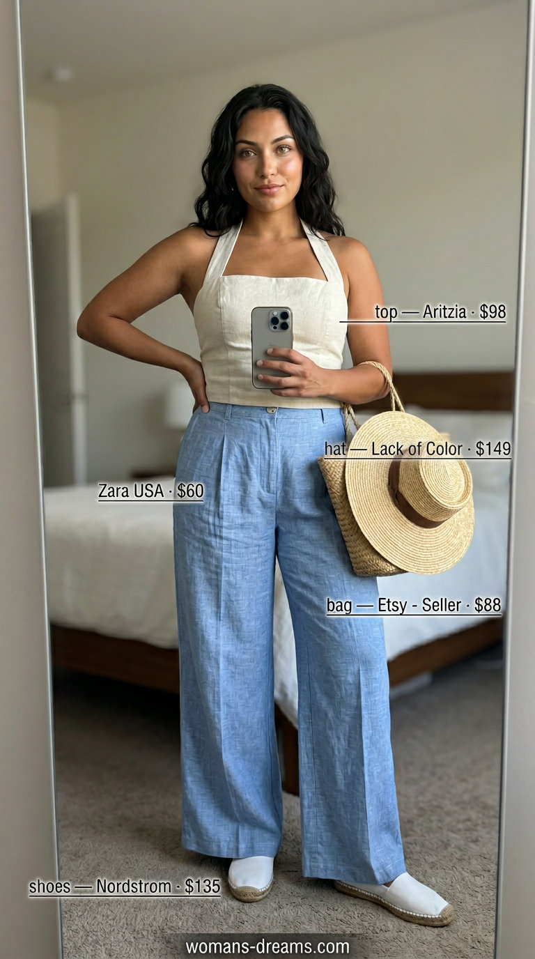 White linen halter top with light blue wide-leg pants, espadrilles for relaxed beach outfits 2026.