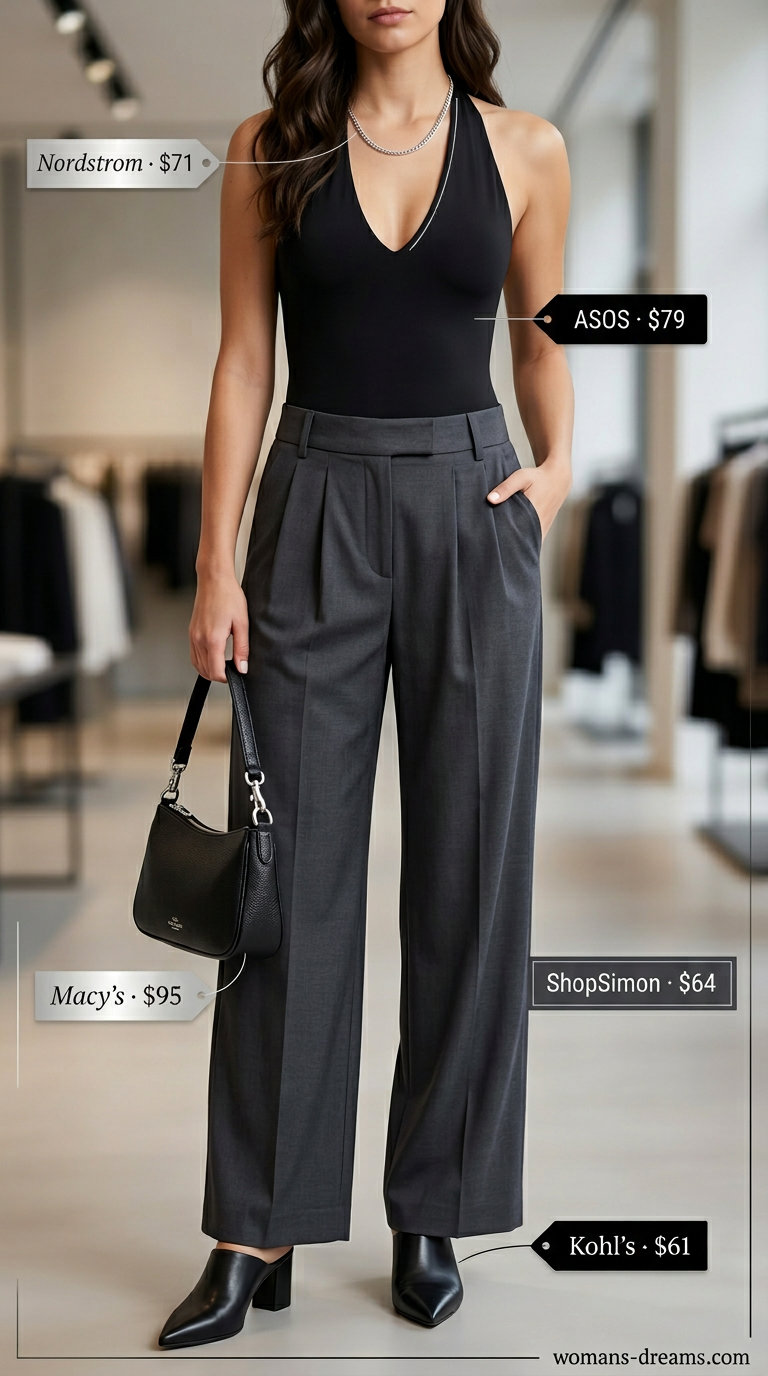 City Summer summer halter top with wide pants outfits 2026: Black halter bodysuit, charcoal wide trousers, mules for urban chic.