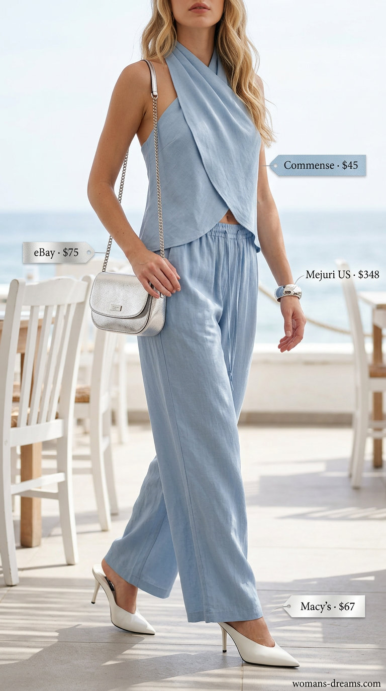 Sky blue matching set with wide-leg pants and halter top for a summer seaside lunch outfit 2026.