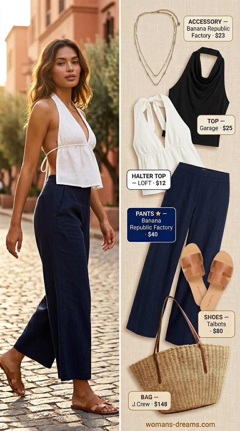 Coastal Breeze summer halter top with wide pants outfits 2026: White linen halter top, navy wide-leg pants, tan sandals for lunch.
