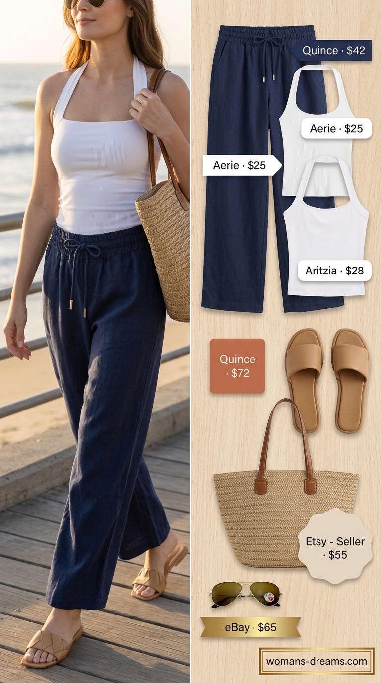 Coastal Halter summer halter top with wide pants outfits 2026: White halter tank, navy linen pants, straw tote, sandals for beach.