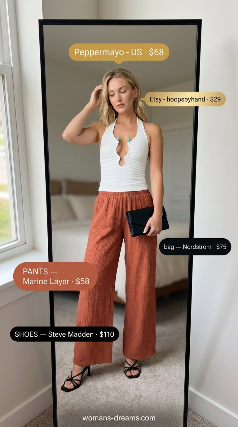 Gold halter top with burnt orange wide-leg pants for glamorous summer evening outfits 2026.