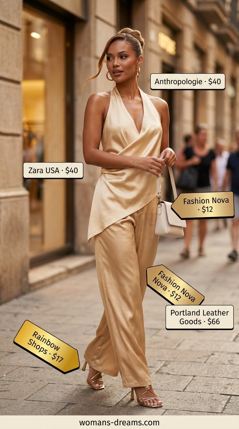 Golden yellow satin halter top set with wide-leg pants for chic summer evening events 2026.