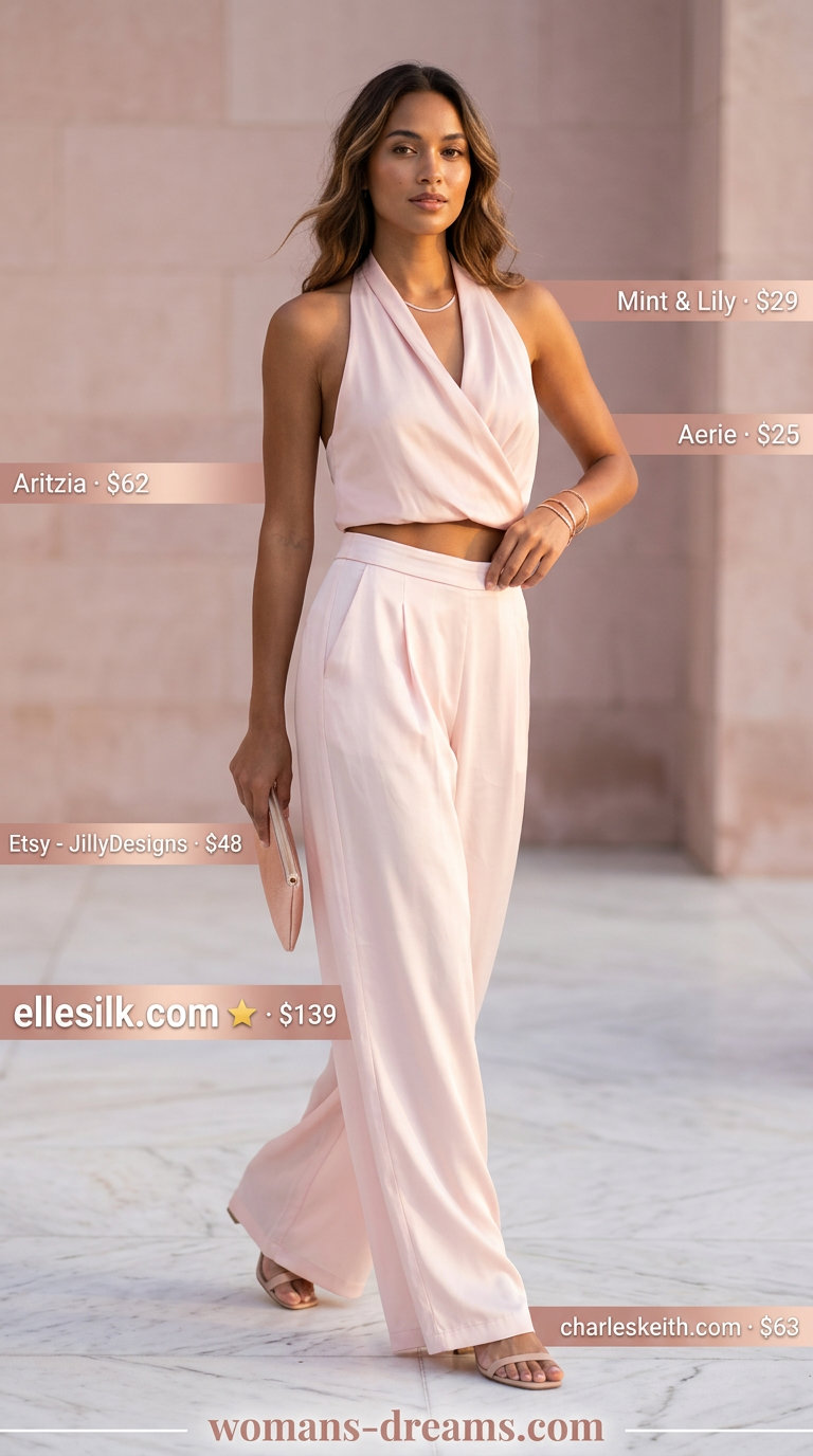 Blush pink silk wide-leg pants and halter top for a sophisticated summer soiree outfit 2026.
