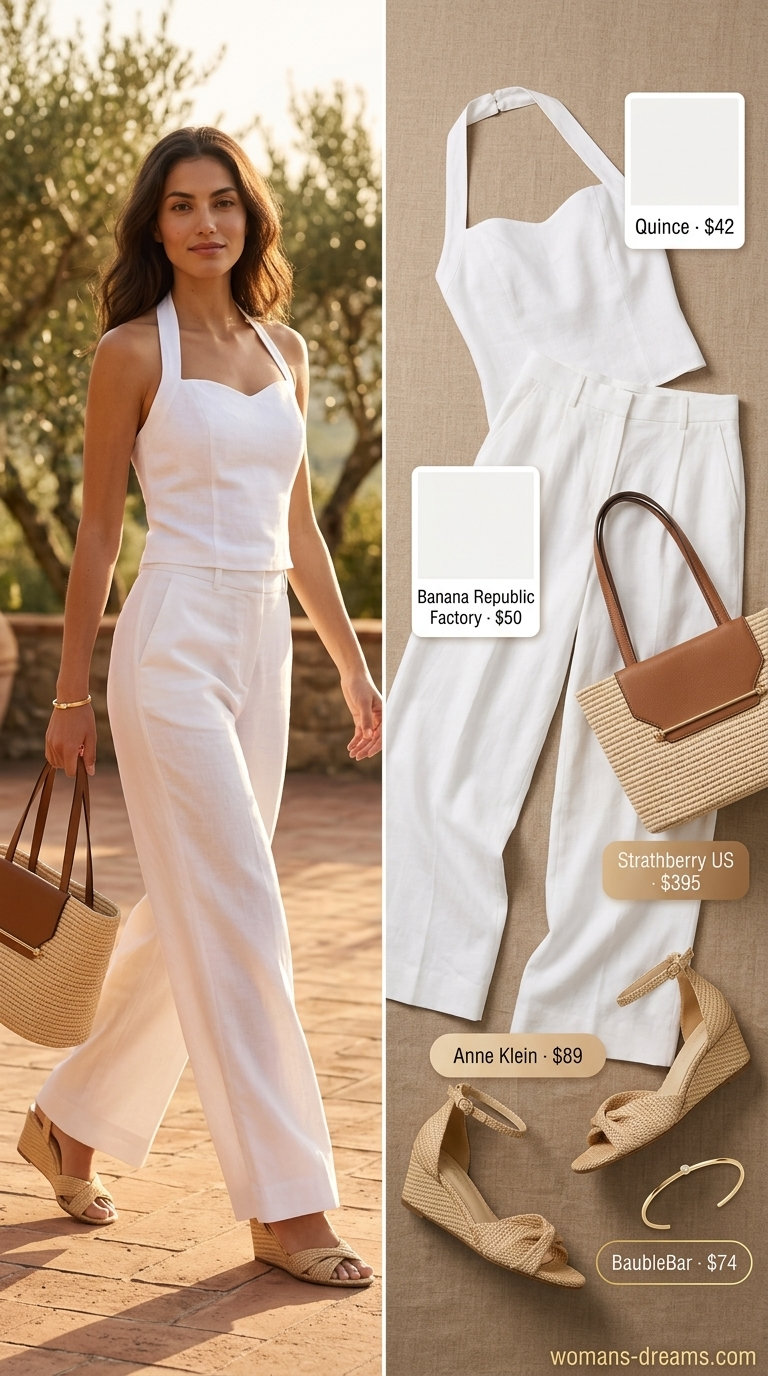 White linen halter top with white wide-leg pants, raffia espadrilles for chic summer events 2026.