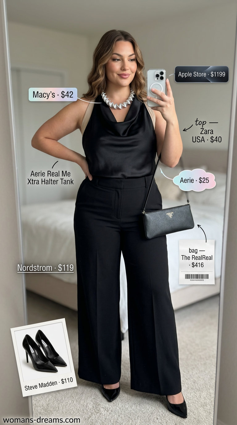 Black halter top with black tailored wide-leg pants for sleek evening outfits 2026.
