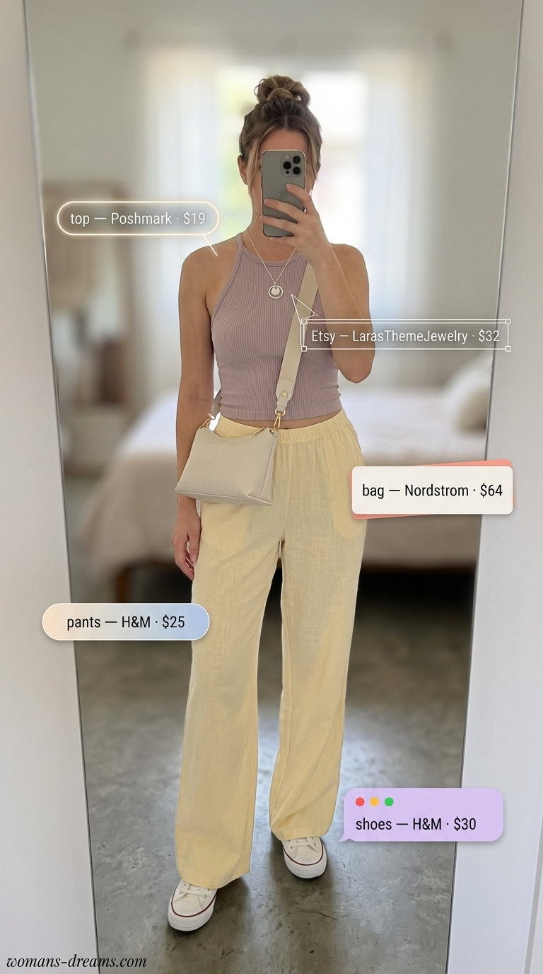 Pastel Dream summer halter top with wide pants outfits 2026: Lilac halter top, pale yellow wide pants, white sneakers for brunch.