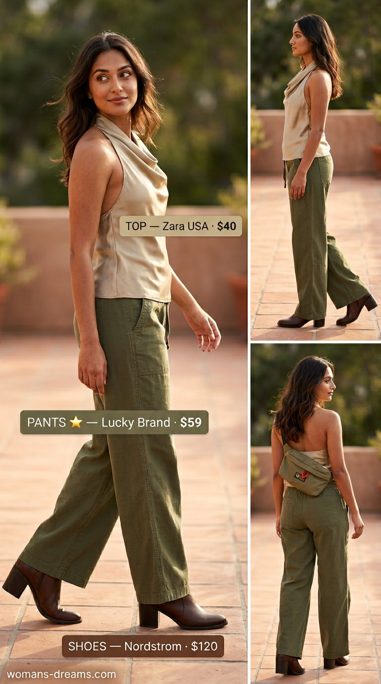 Khaki halter top with olive green wide-leg pants for safari chic summer outfits 2026.