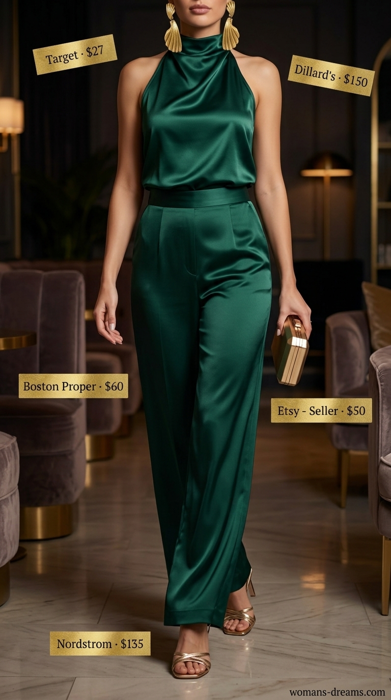 Emerald green satin wide-leg pants and halter top for a glamorous summer evening outfit 2026.