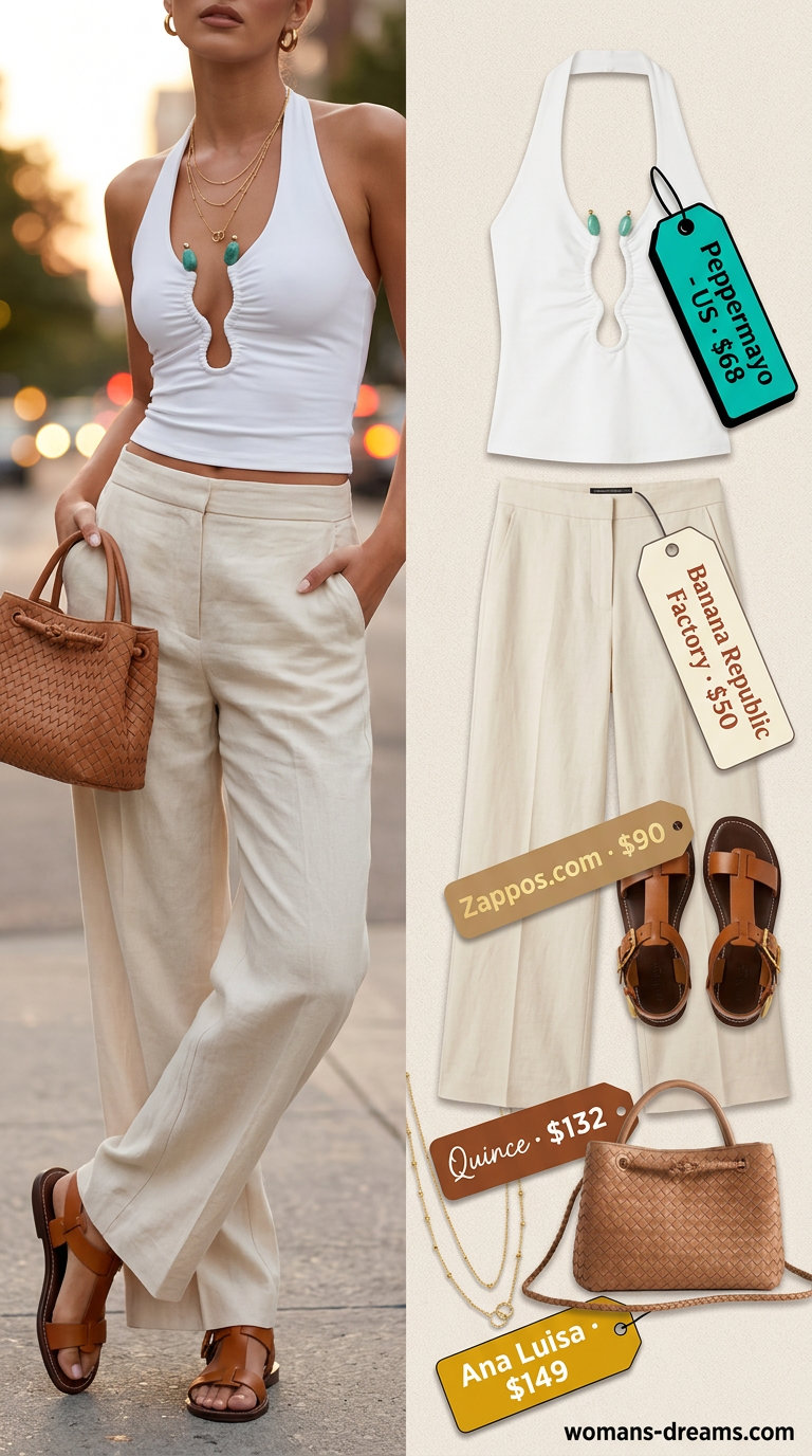 Cream linen wide-leg pants and terracotta halter top for a chic summer resort outfit 2026.