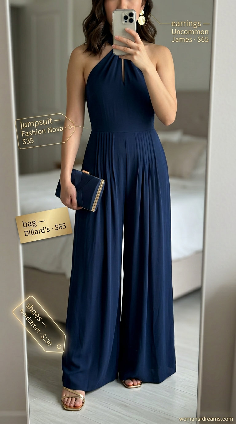 Sunset Cruise summer halter top with wide pants outfits 2026: Navy wide-leg jumpsuit with gold accessories for evening.
