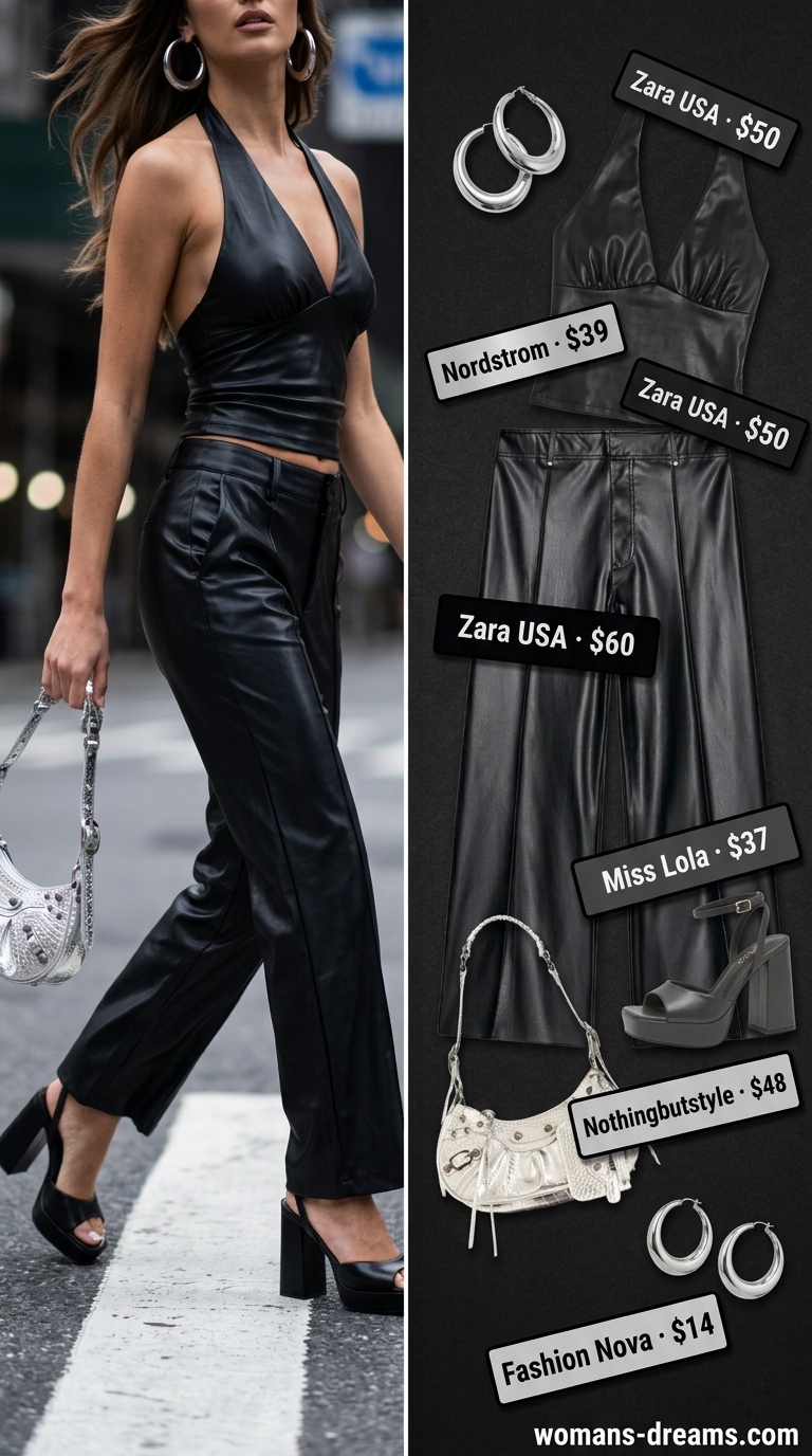 Urban Halter Edge summer halter top with wide pants outfits 2026: White satin halter top, black faux leather wide pants for night out.