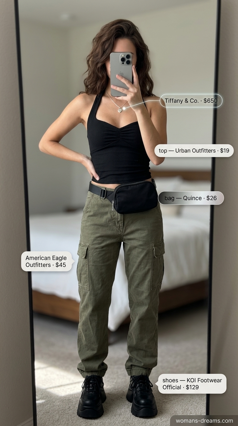 Urban Oasis summer halter top with wide pants outfits 2026: Black halter bralette, olive cargo pants, platform sneakers for city.