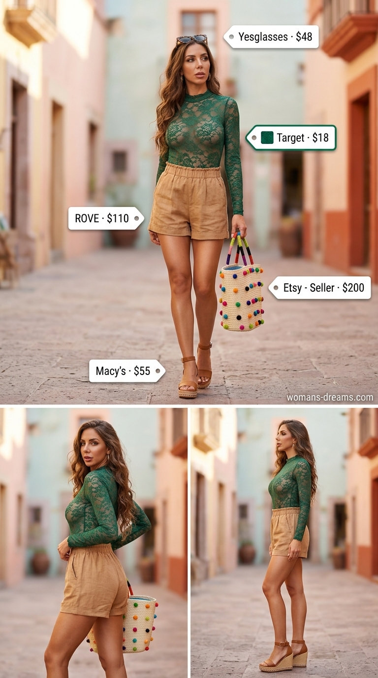 Emerald green lace bodysuit outfit for women 2026 with lavender shorts, tan espadrilles, and straw tote for an artist studio visit.