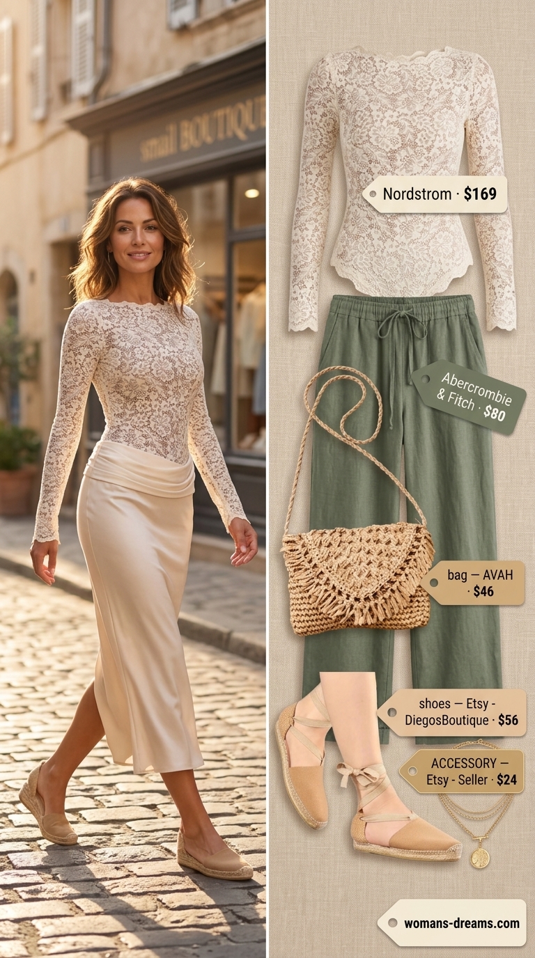 Cream lace bodysuit outfit for women 2026 with olive green pants, espadrilles, and straw bag for a bohemian festival look.