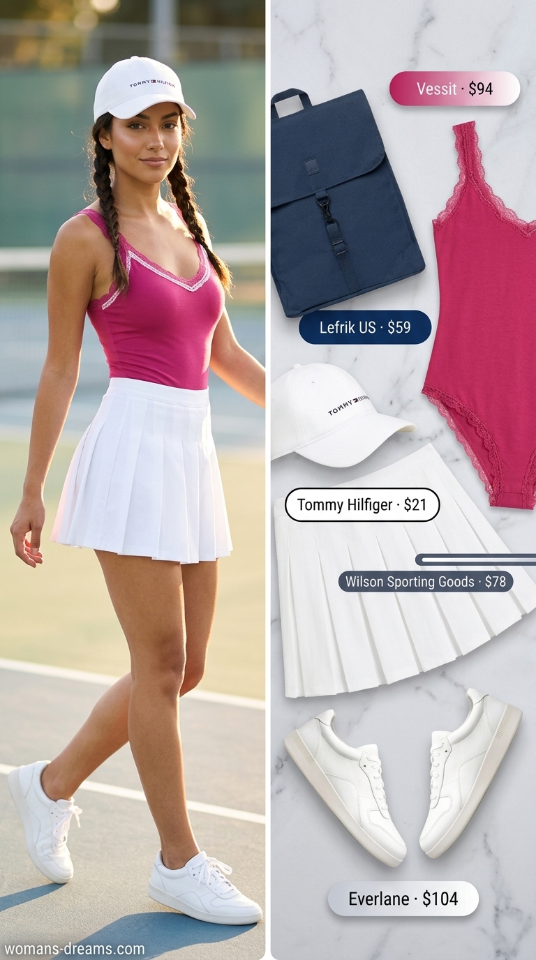 Fuchsia trim lace bodysuit outfit for women 2026 with white tennis skirt, navy backpack, and sneakers for a playful preppy look.