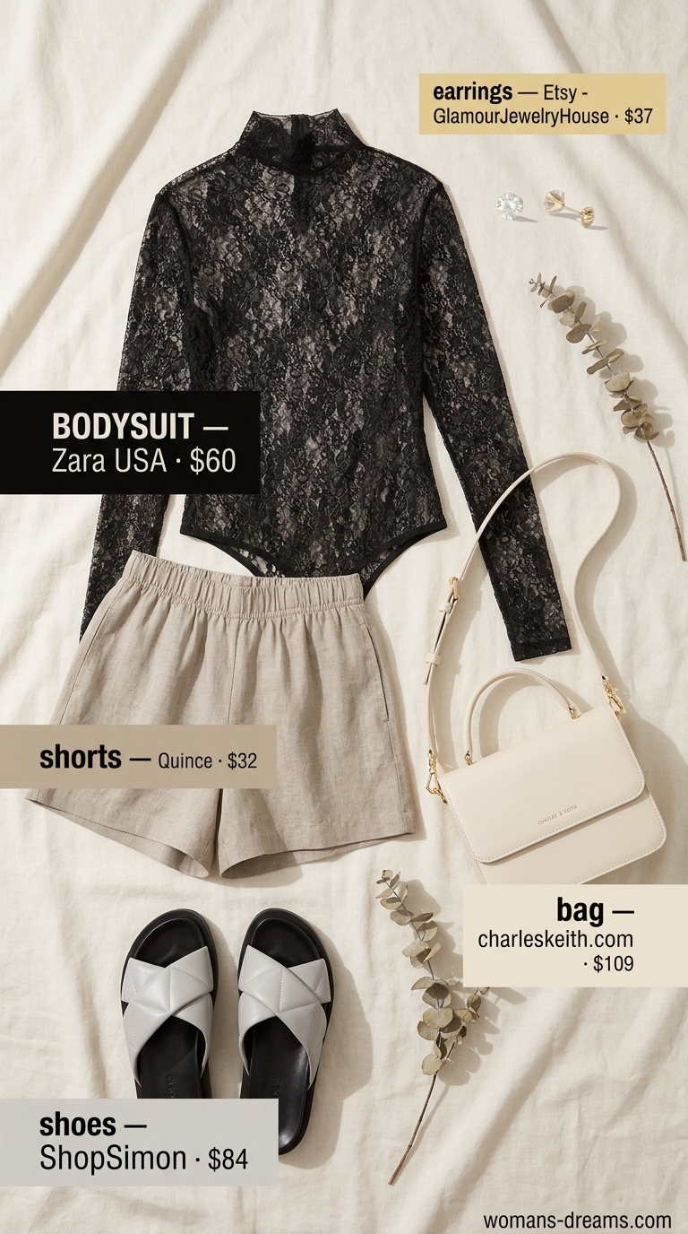 Taupe lace bodysuit outfit for women 2026 with cream linen shorts, grey slides, and ivory top-handle bag for a quiet luxury resort look.
