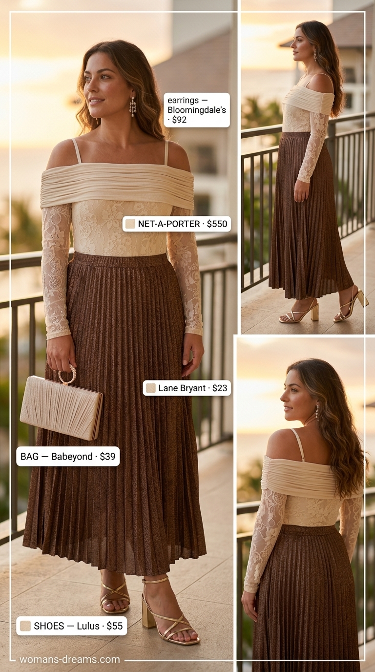 Champagne lace bodysuit outfit for women 2026 with bronze metallic skirt, gold heels, and clutch for a glam resort evening.