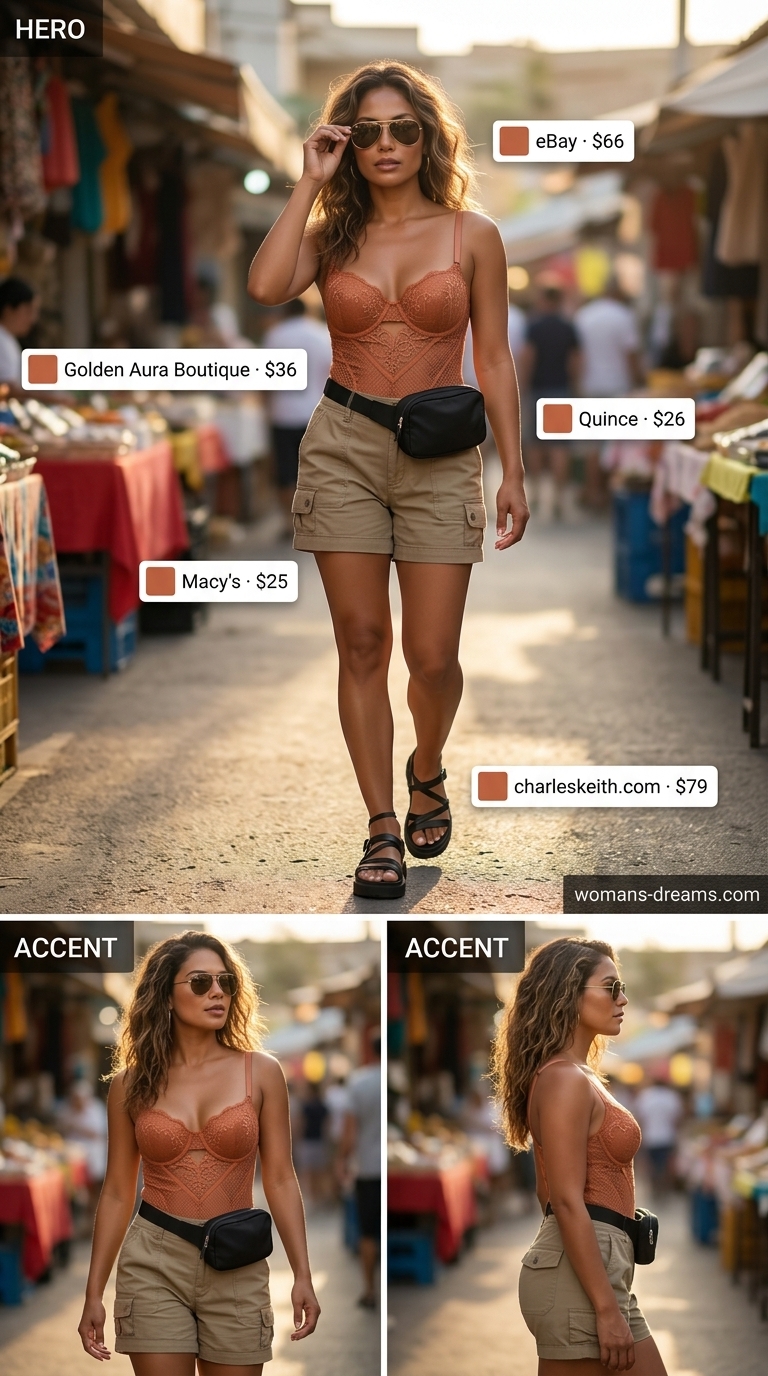 Terracotta lace bodysuit outfit for women 2026 with khaki cargo shorts, black belt bag, and platform sandals for urban exploration.