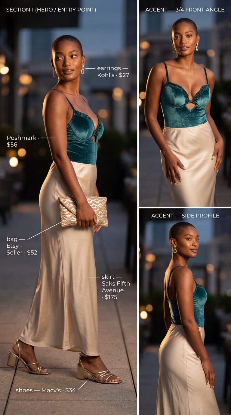 Deep teal velvet lace bodysuit outfit for women 2026 with cream maxi skirt, gold clutch, and sandals for a vintage summer soirée.