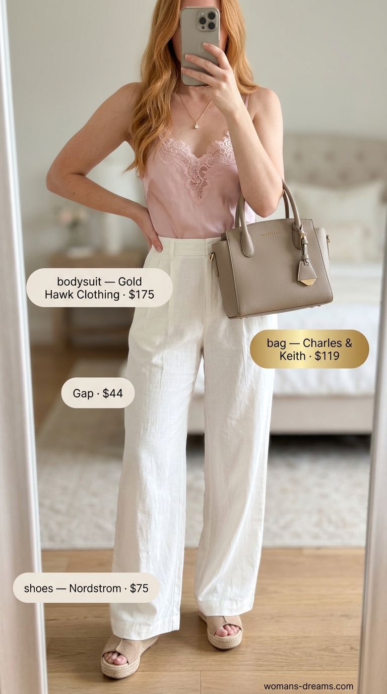 Blush pink lace bodysuit with linen pants for romantic summer brunch outfits for women 2026.