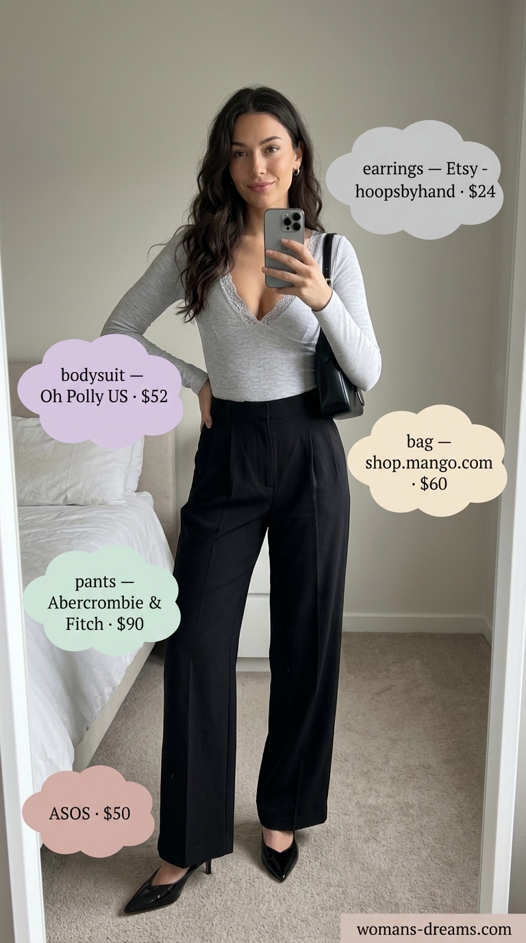 Charcoal grey lace bodysuit with black tailored trousers for sleek summer outfits for women 2026.