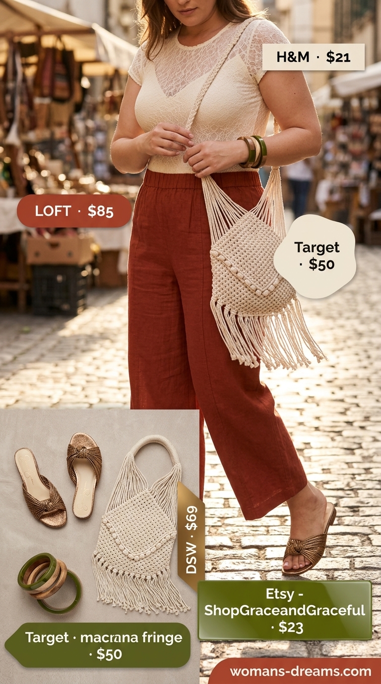 Cream lace bodysuit with terracotta linen pants for boho summer outfits for women 2026.