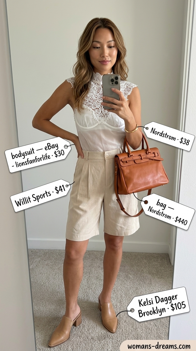 Ivory lace bodysuit with beige Bermuda shorts for sophisticated summer outfits for women 2026.