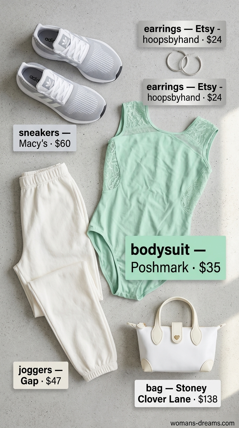 Mint green lace bodysuit outfit for women 2026, styled with white joggers & sneakers for a sporty chic look.