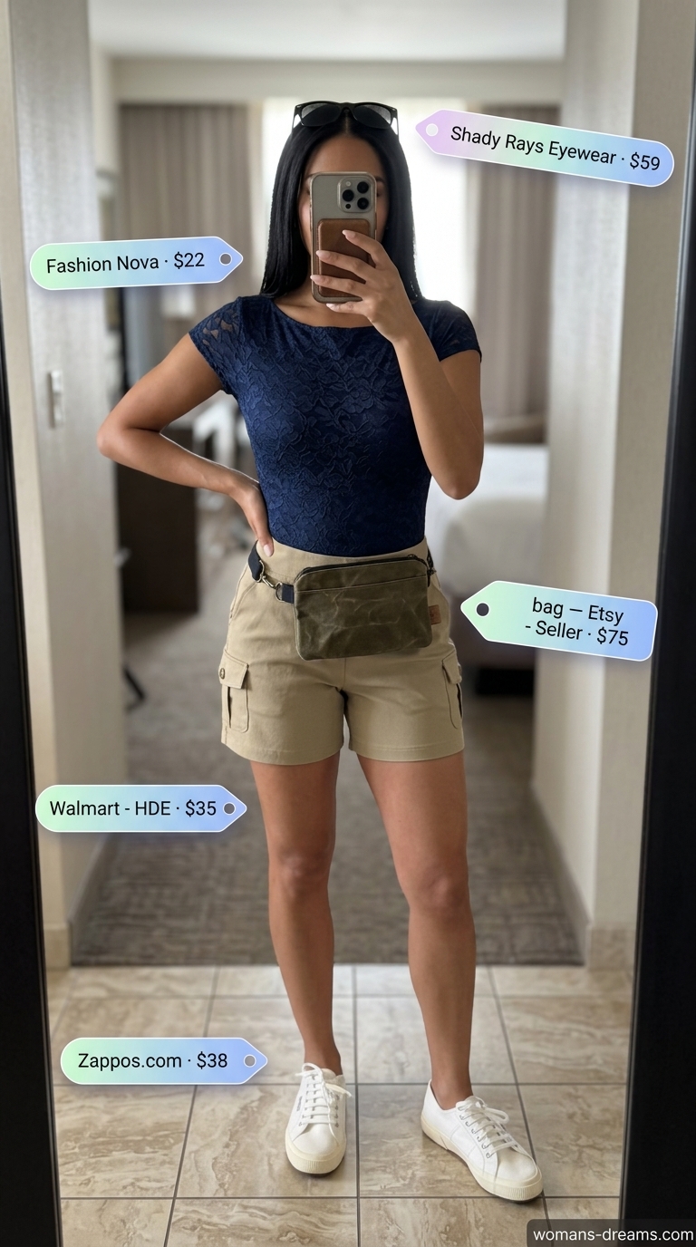 Navy blue lace bodysuit with khaki cargo shorts for casual safari summer outfits for women 2026.