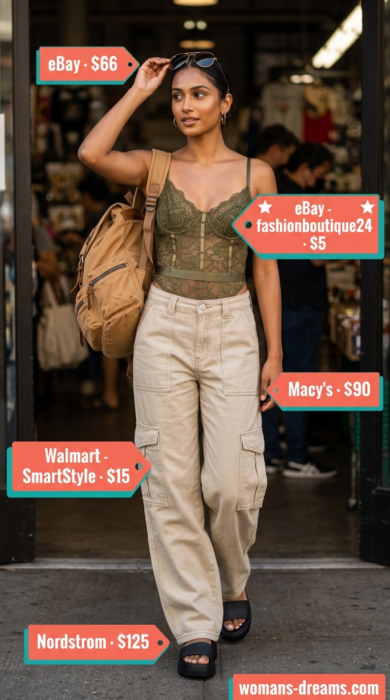 Olive green lace bodysuit outfit for women 2026, styled with khaki cargo pants for an urban safari look.