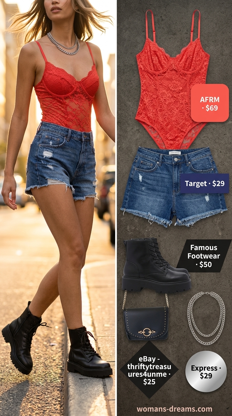 Red lace bodysuit with distressed denim shorts for edgy festival outfits for women 2026.