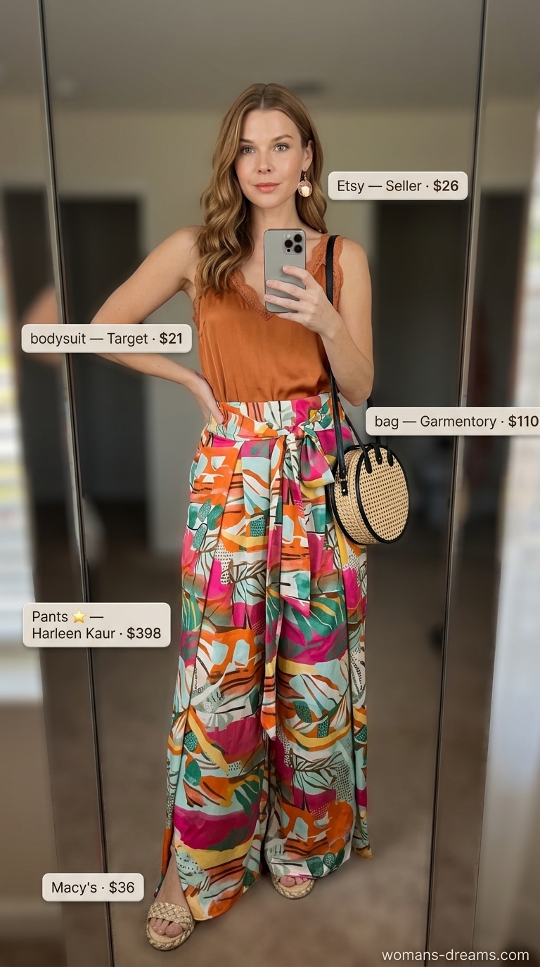 Rust orange lace bodysuit with abstract print palazzo pants for relaxed summer outfits for women 2026.