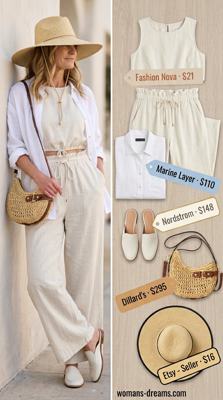 Coastal light blue linen trousers outfit for women over 60, with an oversized white shirt and straw hat. Relaxed summer 2026 style.
