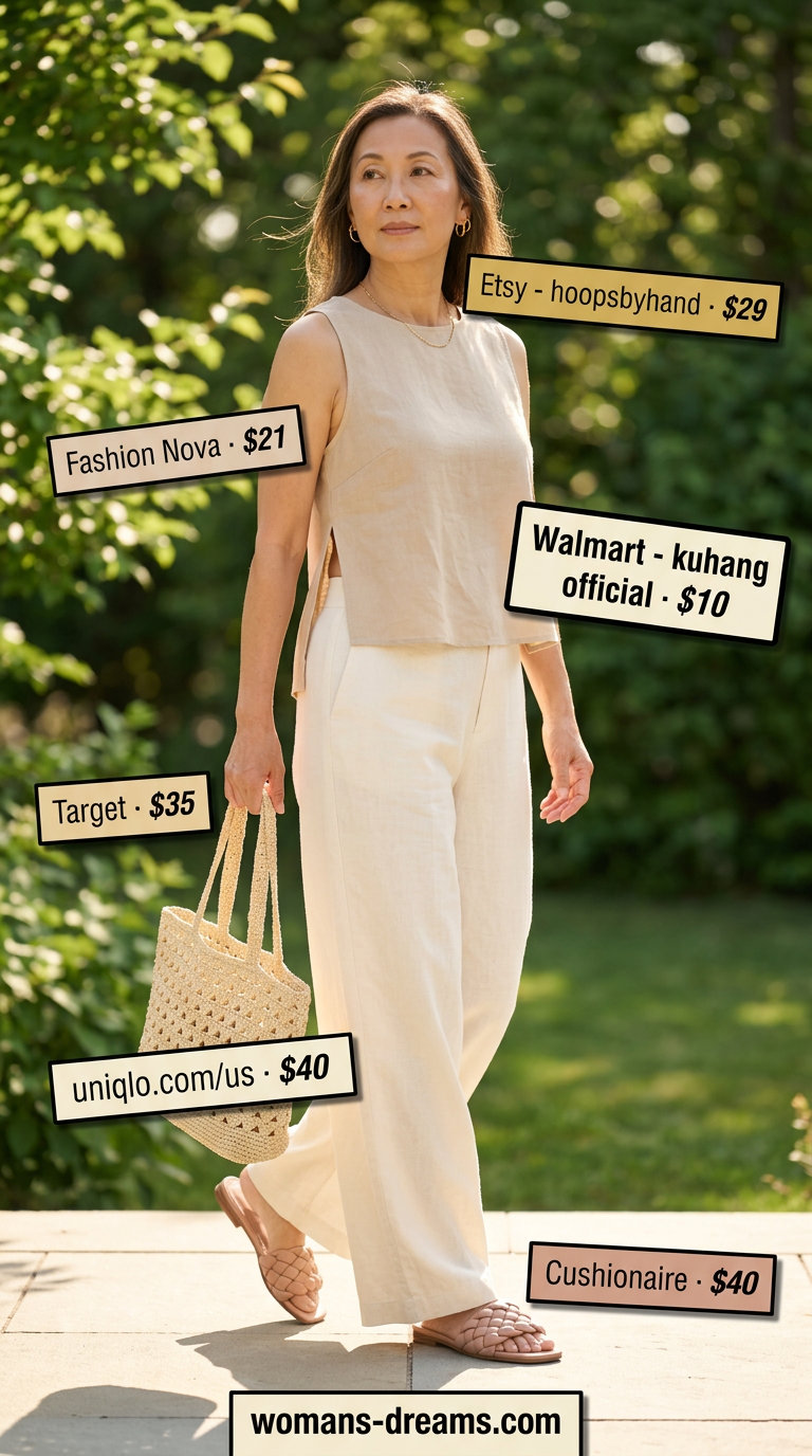 Comfortable beige linen blend co-ord set for women over 60, with a tunic top and slide sandals. Relaxed summer 2026 style.