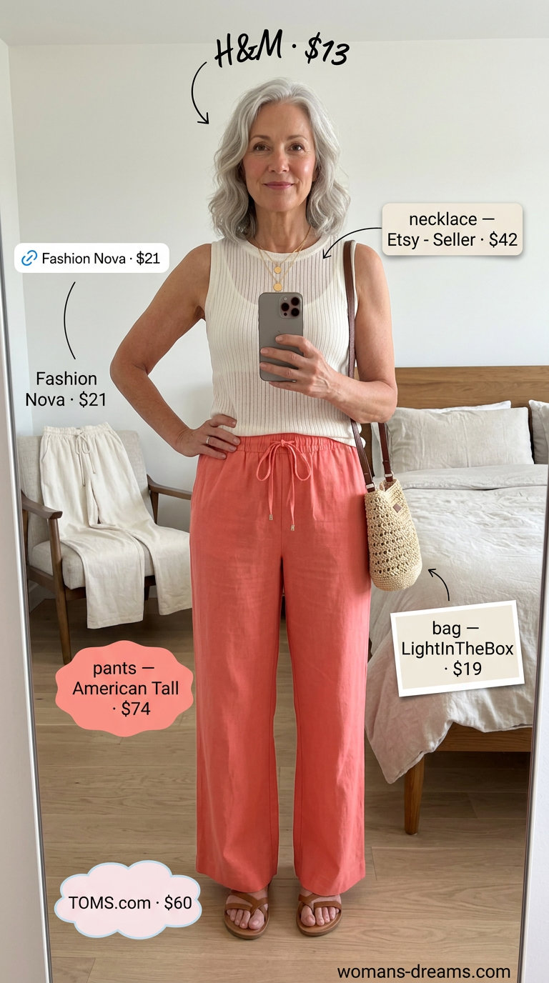 Chic coral linen wide-leg pants outfit for women over 60, paired with a cream tank and gold jewelry. Perfect for summer 2026.