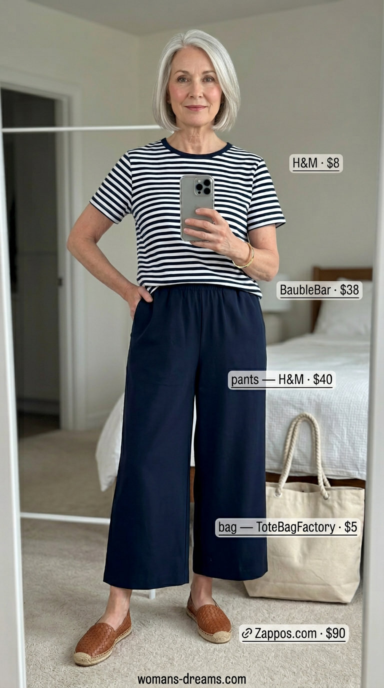 Nautical navy linen culottes outfit for women over 60, with a striped tee and espadrilles. Classic summer 2026 style.
