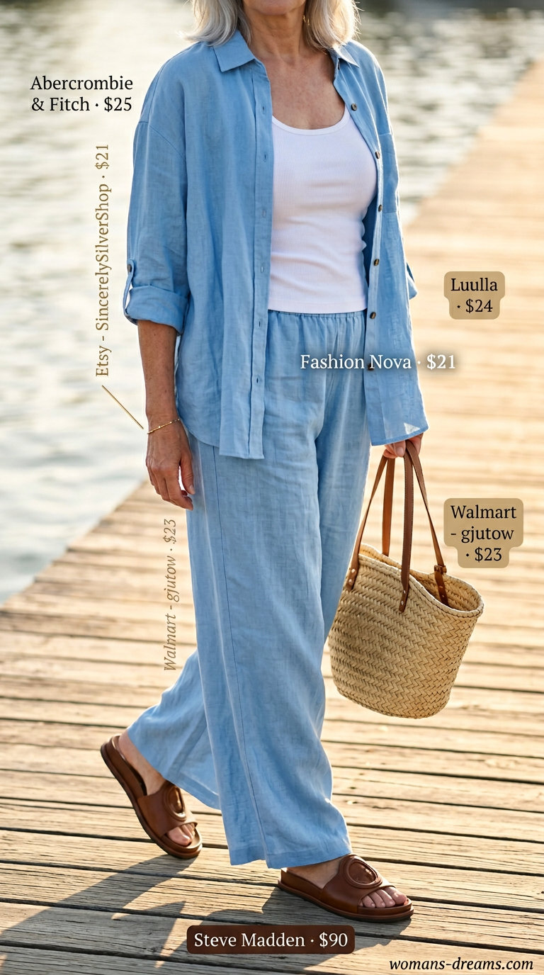 Summer linen outfit for women over 60 2026: Sky blue linen set, white tank, and straw tote.