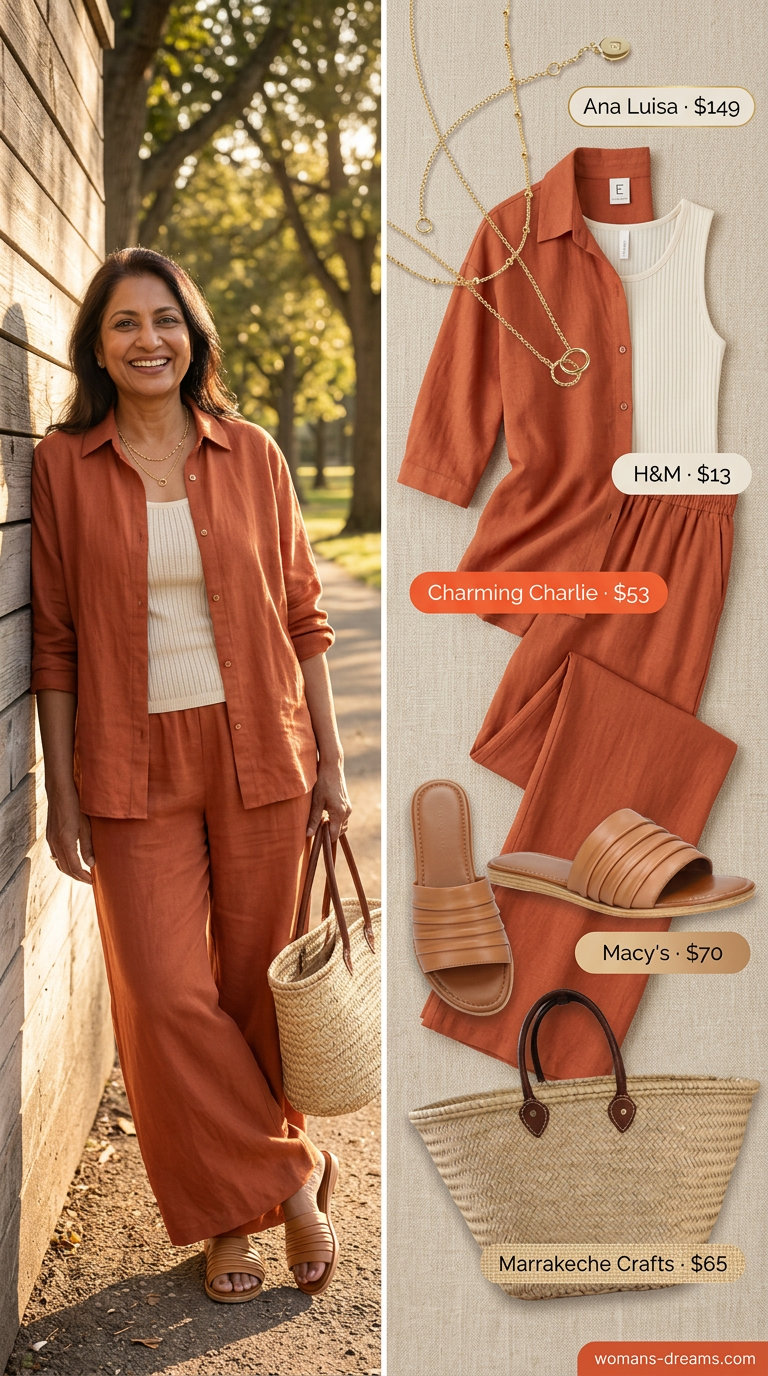 Summer linen outfit for women over 60 2026: Terracotta linen set, cream tank, and straw tote.