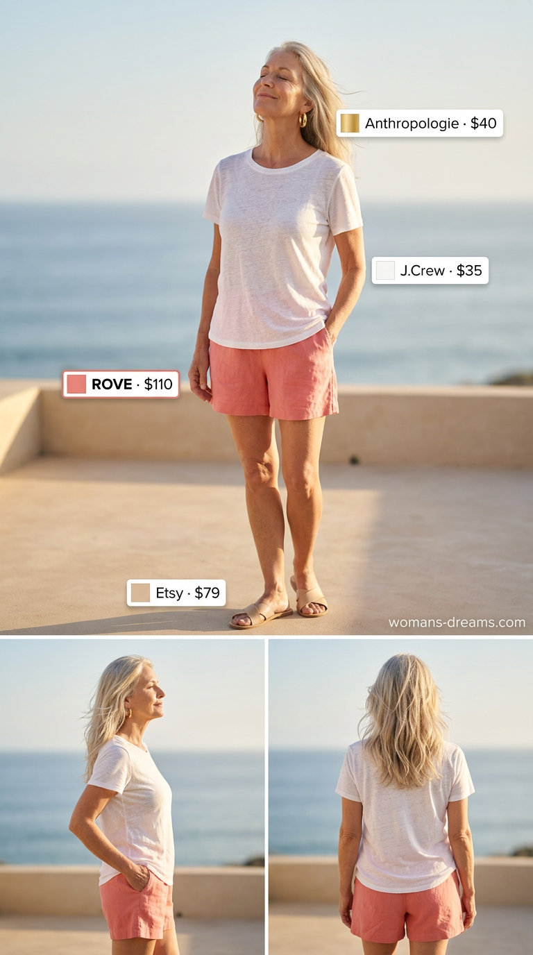 Summer linen outfit for women over 60 2026: Coral pink linen shorts, white linen tee, and leather sandals.